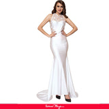 Embroidery Sleeveless High Neck Backless White Party Gown