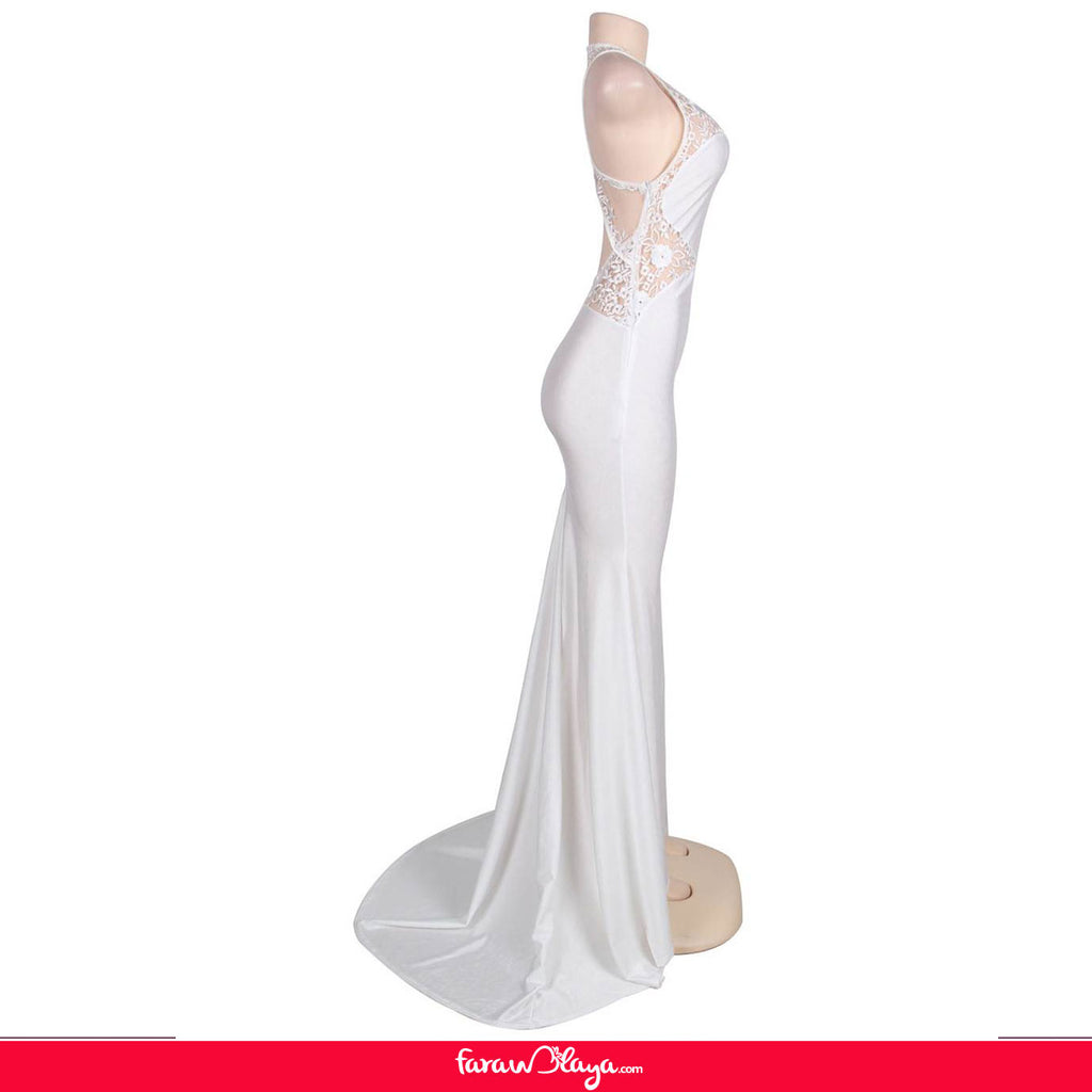 Embroidery Sleeveless High Neck Backless White Party Gown
