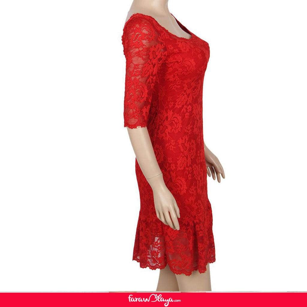 Red Short Sleeve Round Neck Lace Bodycon Dress