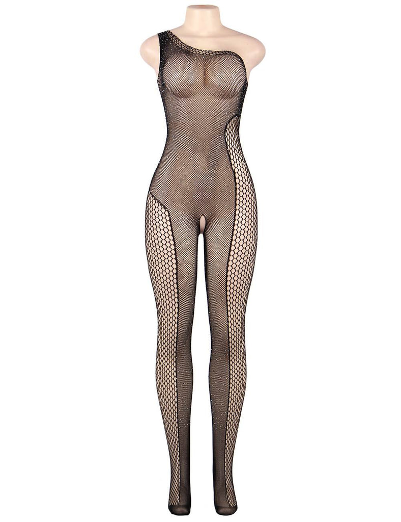 New Black Fishnet Diamonds One-shoulder Bodystocking