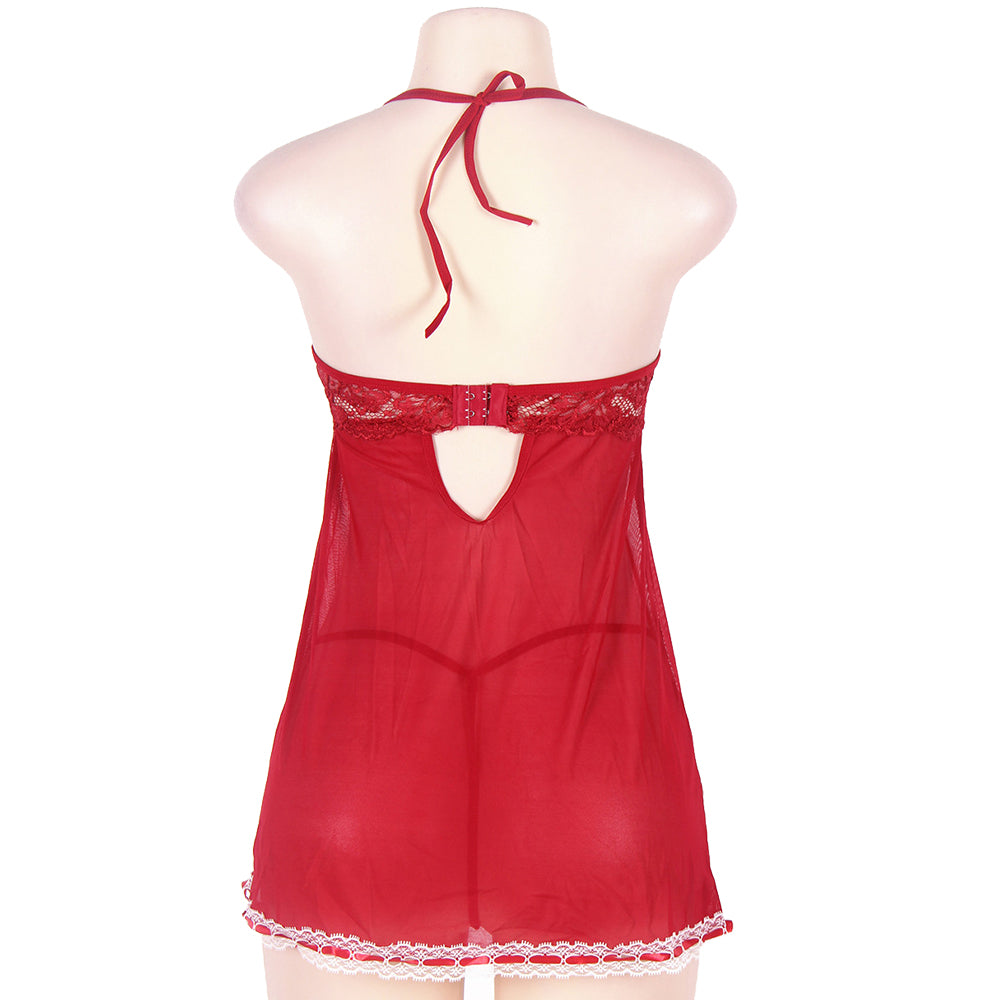 Red Plus Size Halter Open Back Mesh Babydoll