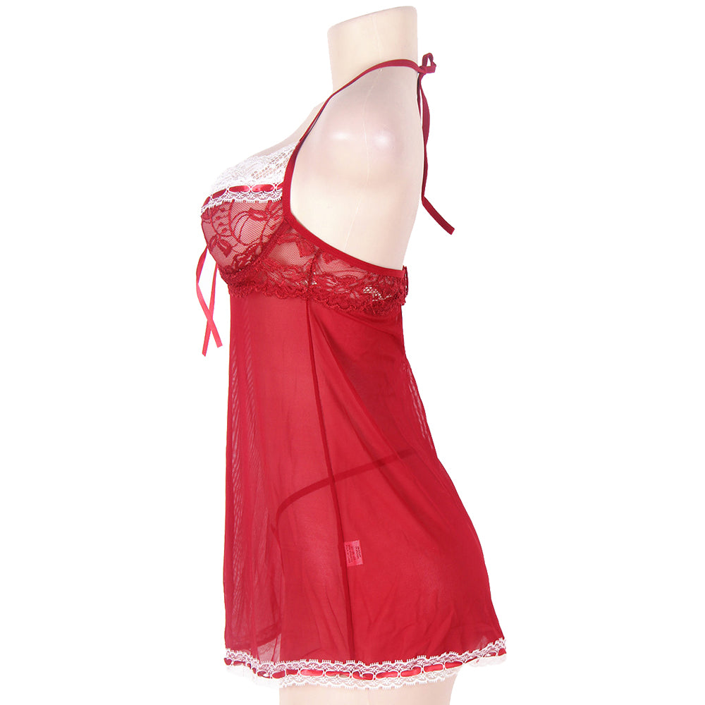 Red Plus Size Halter Open Back Mesh Babydoll