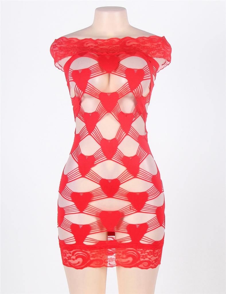Off Shoulder Fence Net Red Bodystocking