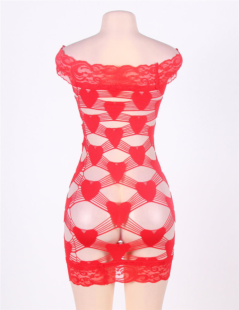 Off Shoulder Fence Net Red Bodystocking