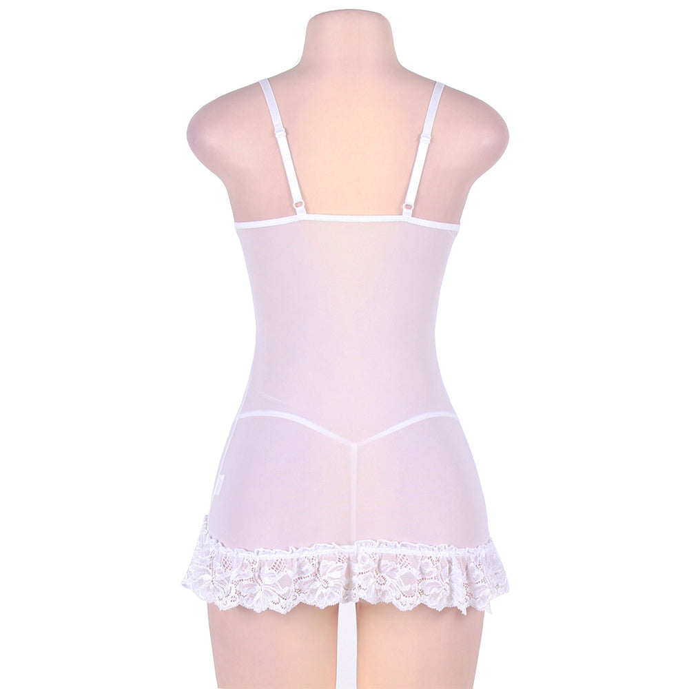 Plus Size White And Purple Embroidered Lace Cups Babydoll