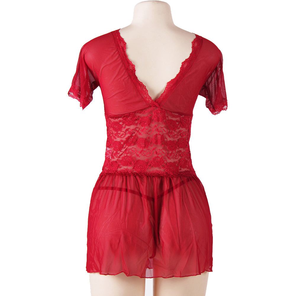 New Wine Plus Size V Neck Mesh Scalloped Lace Babydoll With Short Sleeve