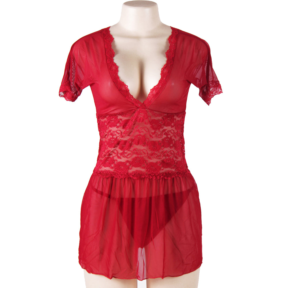 Wine Plus Size V Neck Mesh Scalloped Lace Babydoll With Short Sleeve