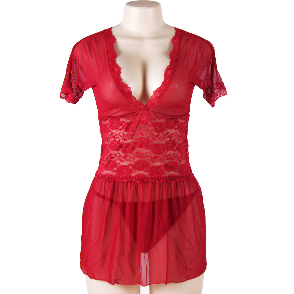 New Wine Plus Size V Neck Mesh Scalloped Lace Babydoll With Short Sleeve