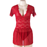 Wine Plus Size V Neck Mesh Scalloped Lace Babydoll With Short Sleeve