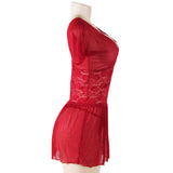 Wine Plus Size V Neck Mesh Scalloped Lace Babydoll With Short Sleeve