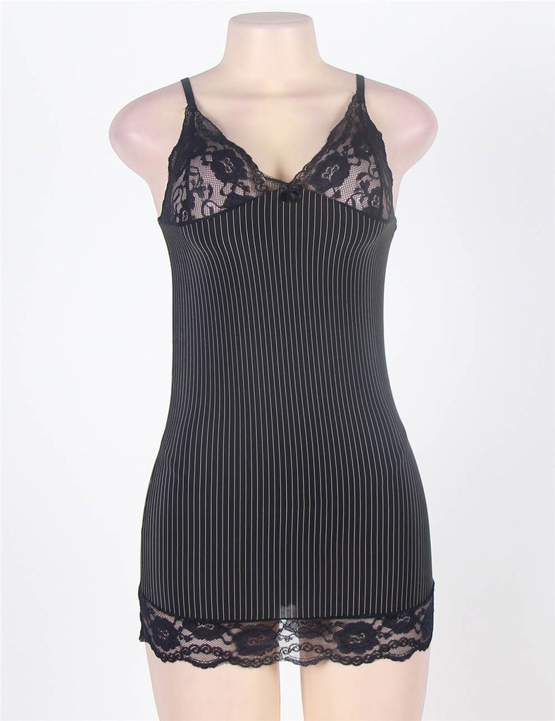 Black Vertical Stripe Plus Size Babydoll With Lace Strim