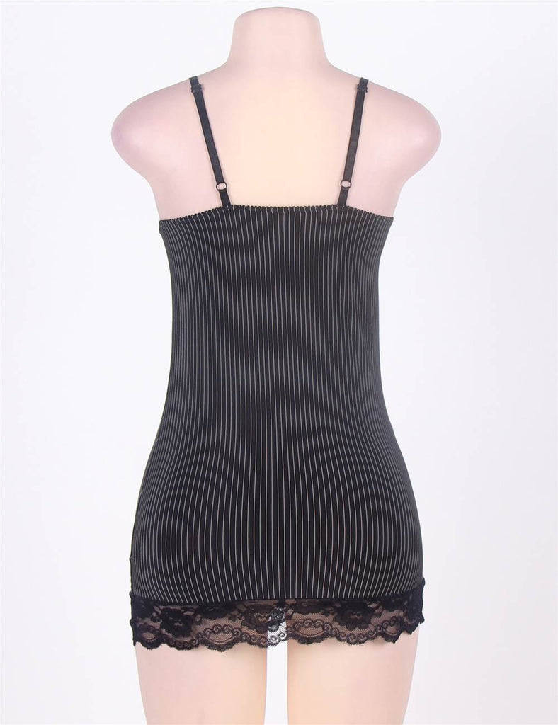 Black Vertical Stripe Plus Size Babydoll With Lace Strim