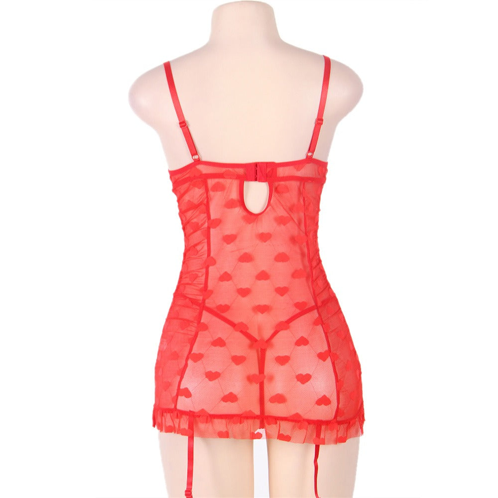 Red Halter Heart Jacquard Mesh Garter Lingerie