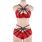 Fashion Sexy Lace Underwire Stitching Cross Straps Sexy Bra Set