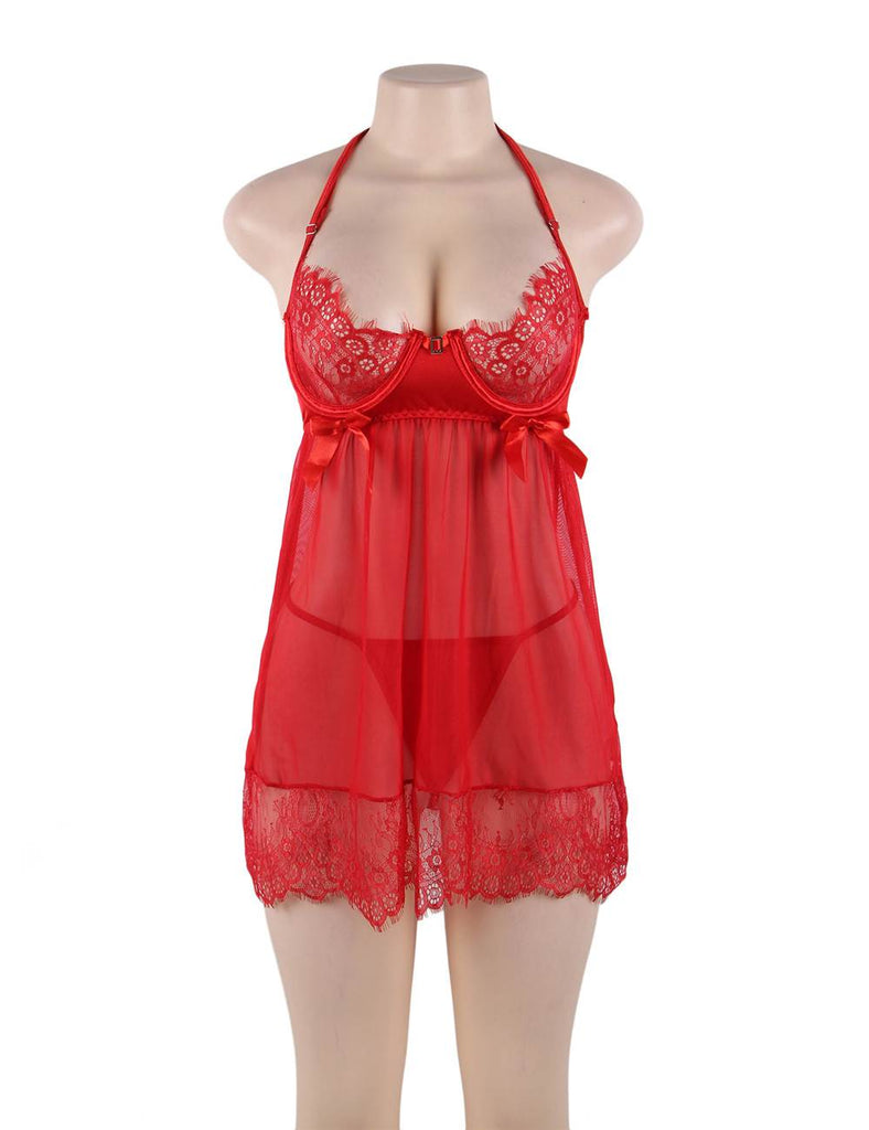 Sexy Red & Black Sheer Floral Eyelash Trim Lace Babydoll Set With Underwire