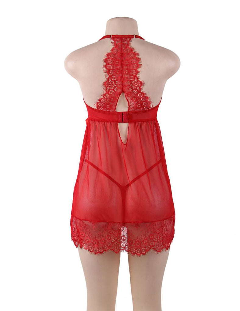 Sexy Red & Black Sheer Floral Eyelash Trim Lace Babydoll Set With Underwire