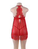 Sexy Red & Black Sheer Floral Eyelash Trim Lace Babydoll Set With Underwire
