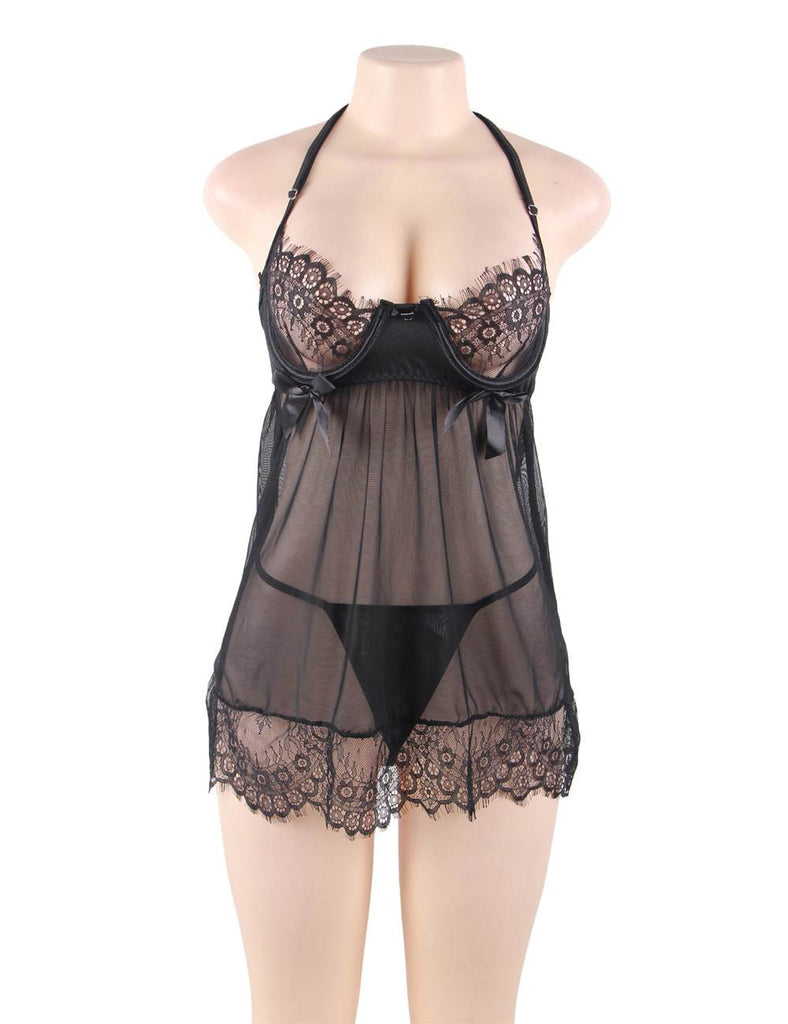 Sexy Red & Black Sheer Floral Eyelash Trim Lace Babydoll Set With Underwire