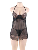 Sexy Red & Black Sheer Floral Eyelash Trim Lace Babydoll Set With Underwire