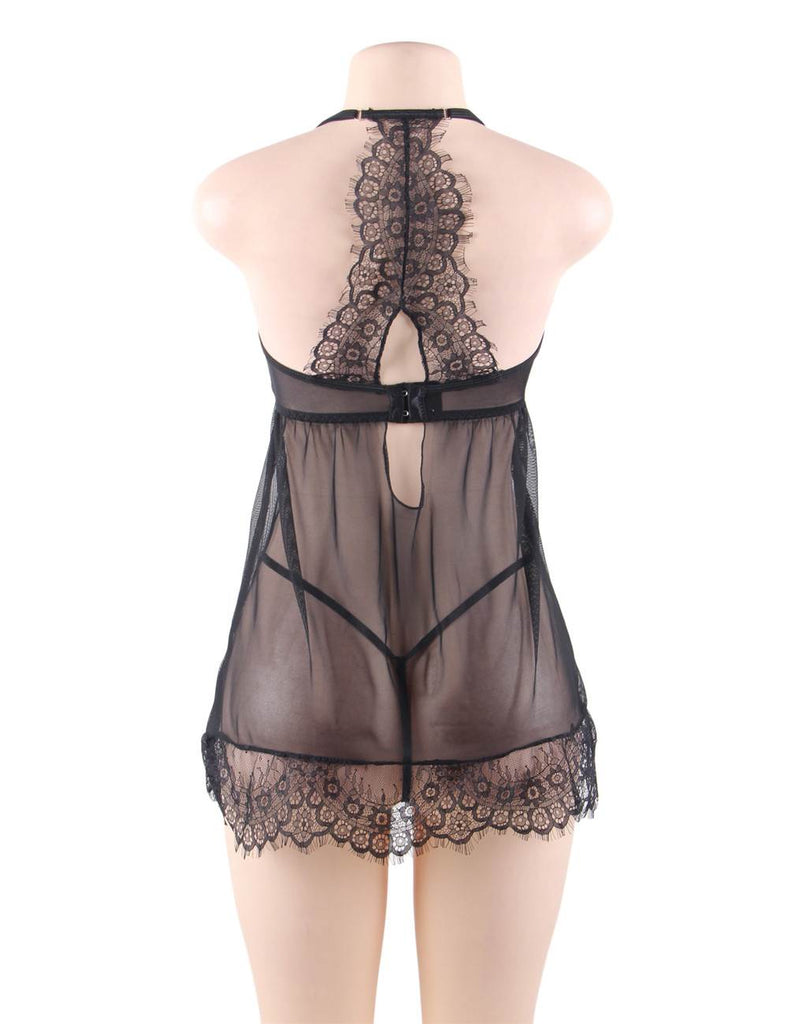 Sexy Red & Black Sheer Floral Eyelash Trim Lace Babydoll Set With Underwire