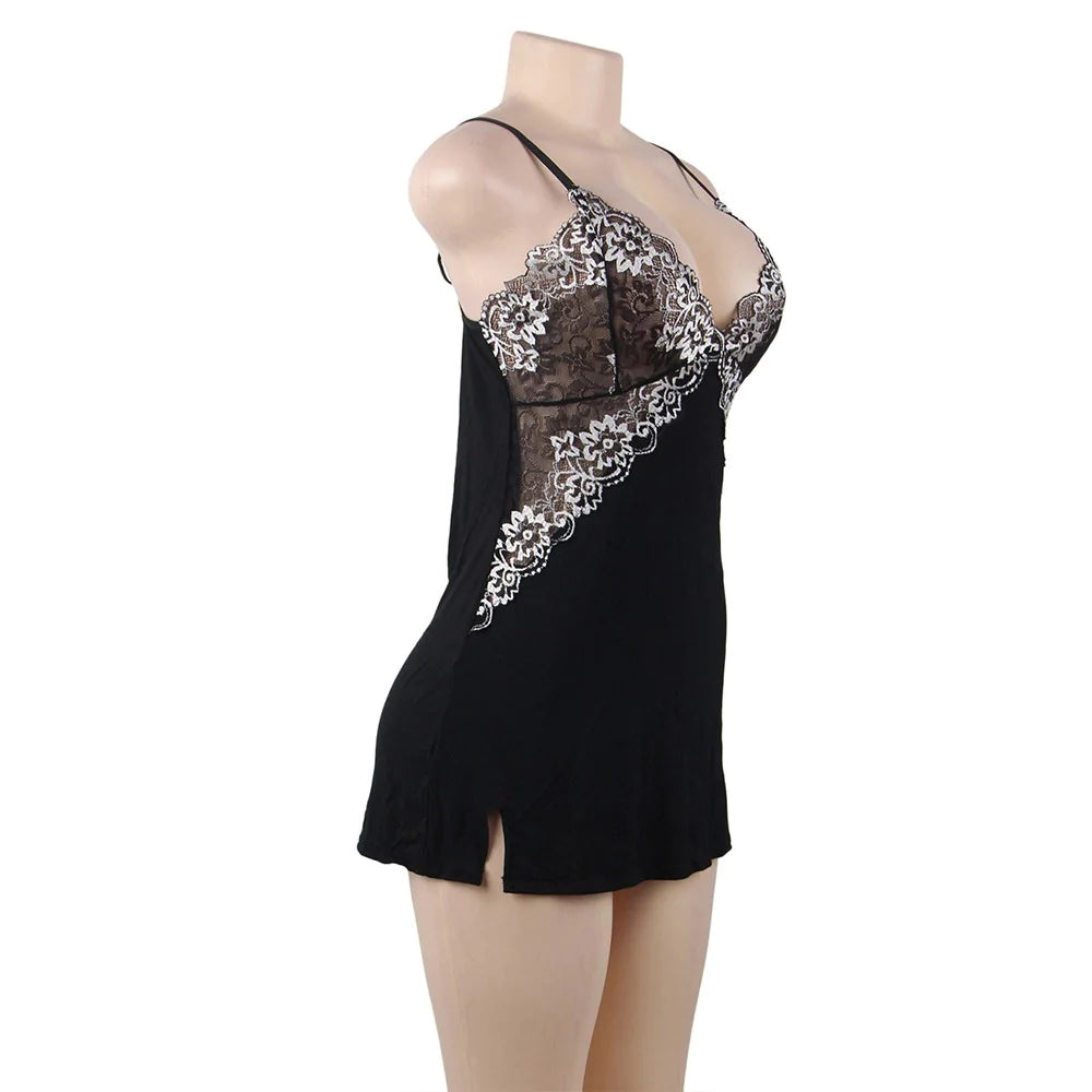 Lace Decoration Nightdress V-neck Modal Sleepwear with G String