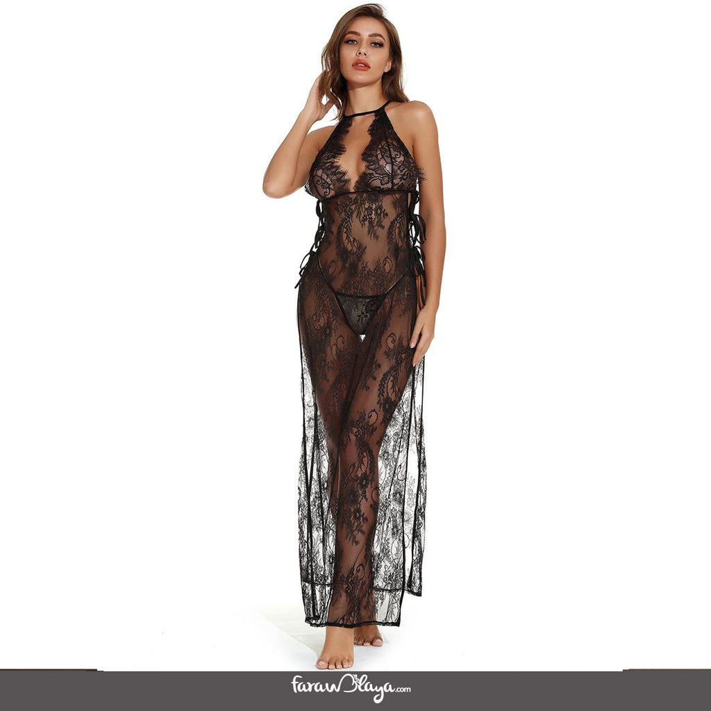 Black Lace Sheer High Split Dress With Thong