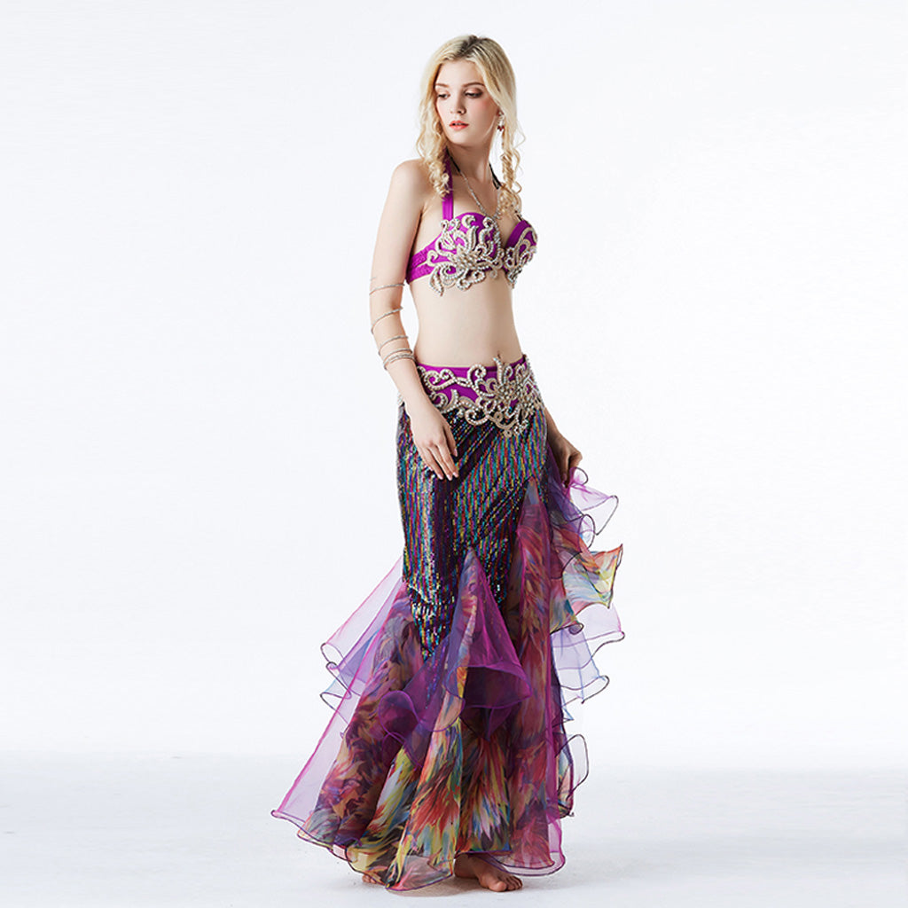Women Belly Dance Costume Set Professional Dancing Performance Skirt Sexy Bra Fishtail Mermaid Skirt