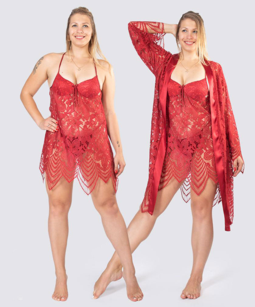 3Pcs Lingerie with short lace set and Robe