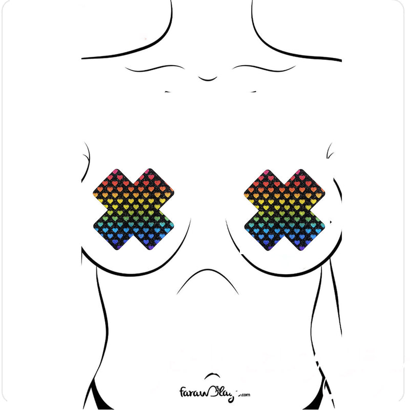 Cross Shape Nipple Covers With Colorful Hearts