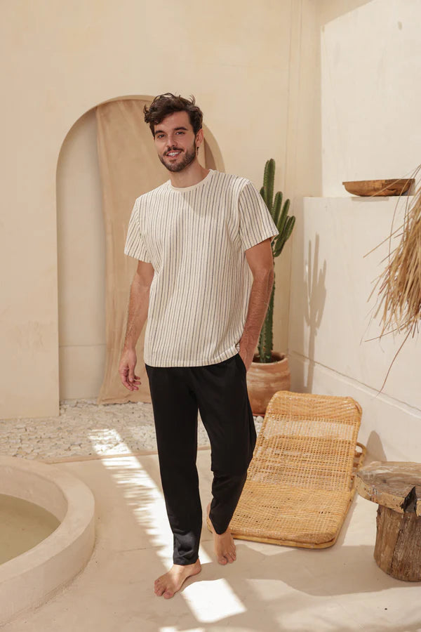 Striped linen half-sleeve pajamas with plain cotton pants