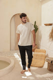Striped linen half-sleeve pajamas with plain cotton pants