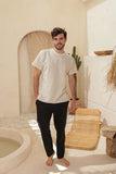 Striped linen half-sleeve pajamas with plain cotton pants
