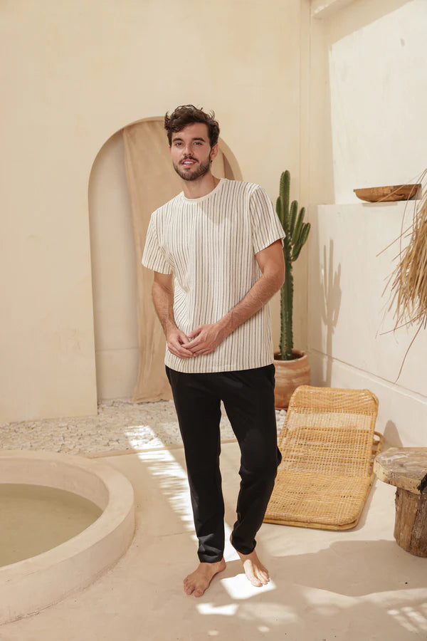 Striped linen half-sleeve pajamas with plain cotton pants