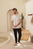 Striped linen half-sleeve pajamas with plain cotton pants