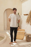 Striped linen half-sleeve pajamas with plain cotton pants