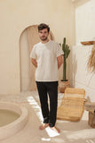 Striped linen half-sleeve pajamas with plain cotton pants