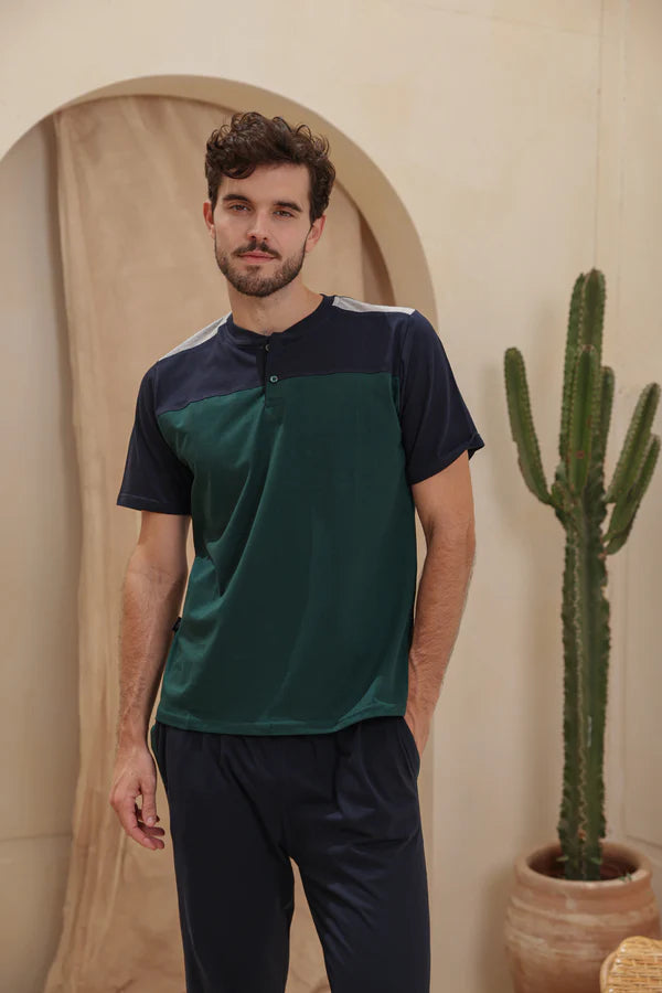 Men's half-sleeved pajamas, plain pentacourt cut