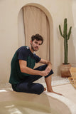 Men's half-sleeved pajamas, plain pentacourt cut