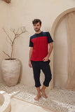 Men's half-sleeved pajamas, plain pentacourt cut