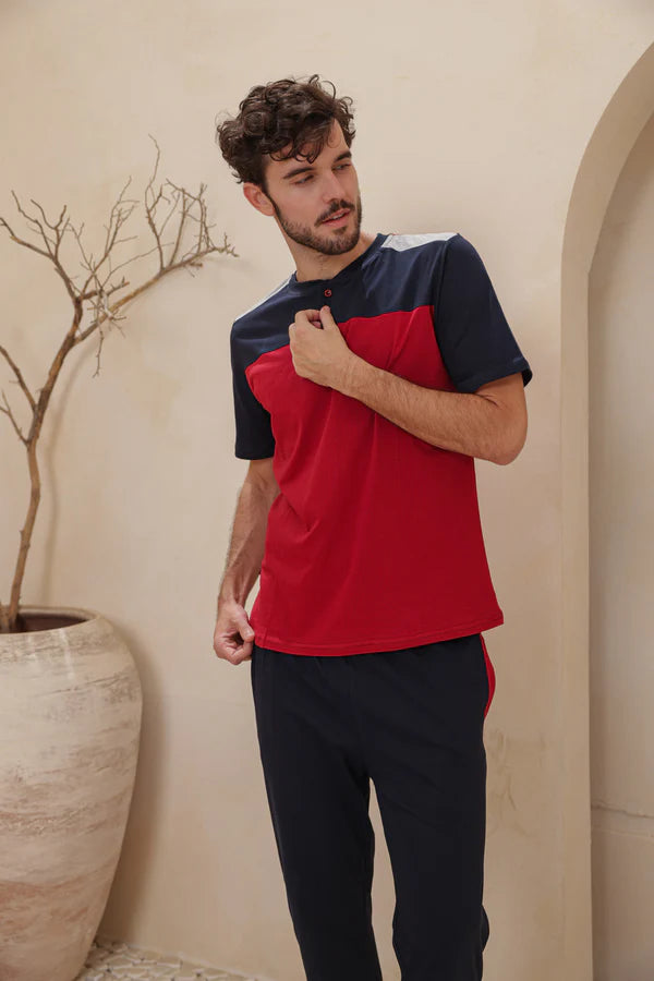 Men's half-sleeved pajamas, plain pentacourt cut