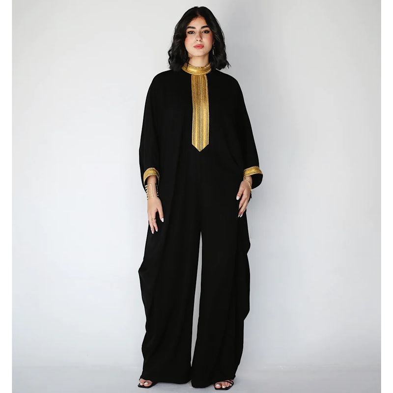 Black dropped crotch embroidered jumpsuit