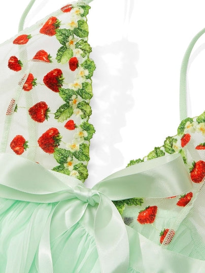 VERY SEXY Strawberry Embroidery Pleated Babydoll