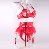 Red Floral Lace Underwire Garter Bra Set