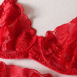 Red Floral Lace Underwire Garter Bra Set