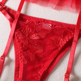 Red Floral Lace Underwire Garter Bra Set