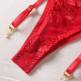 Red Floral Lace Underwire Garter Bra Set