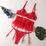 Red Floral Lace Underwire Garter Bra Set