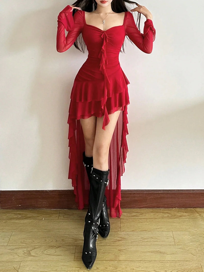 Shein's luxurious solid-color dress is fitted, high-waisted, square-neck, and long-sleeved, made from mesh fabric.