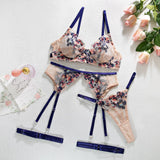 Floral Embroidery Underwire Garter Lingerie Set