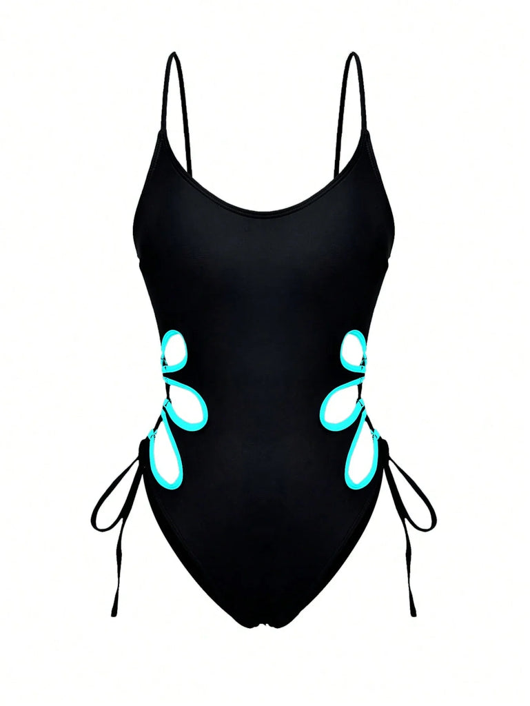 SHEIN 1pc Women's Solid Color Spaghetti Strap Hollow-Out Edge Tie Closure Stylish Sexy Casual One-Piece Swimsuit